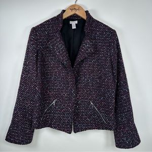 Chico's Open Front Metallic Eyelash Tweed Blazer Jacket Black Purple Large